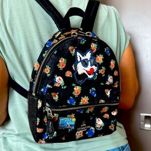 Coach Black Floral Nylon Backpack with Wolf Motif